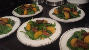 Spinach Salad with Candied Chili Pecans, Mandarin Oranges, Crisp Bacon, and Warm Bacon-Red Wine Vinaigrette