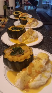 Halibut with Saffron Beurre Blanc atop Truffled Mashed Potatoes, with Garlicky-Lemon Spinach stuffed Roasted Butternut Squash
